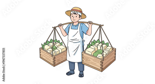 Man carrying baskets of fresh produce.