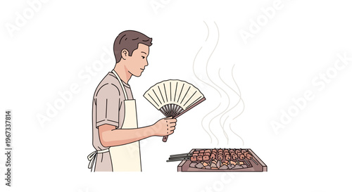 Man grilling food with a fan.