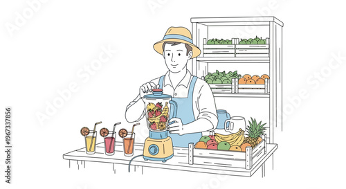 Man in hat preparing food ingredients.