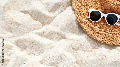 Summer Sale at the Beach With Sand and a Straw Hat and Sunglasses on a Sunny Day