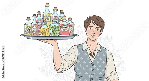 Waiter holding a tray of drinks.