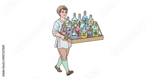 Man carrying tray of alcoholic beverages.