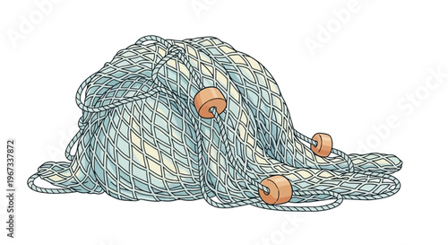 Fishing net with orange floats tangled.