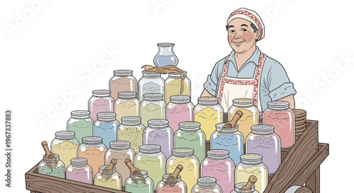 Woman selling colorful jam jars.
