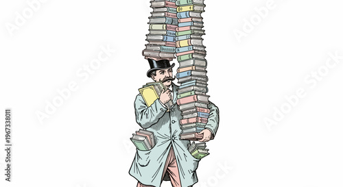 Man carrying stack of colorful books.