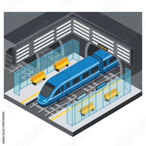 Isometric View of a Modern Blue Train at a Station.
