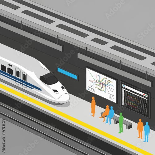 Isometric View of a High-Speed Train at a Modern Station.