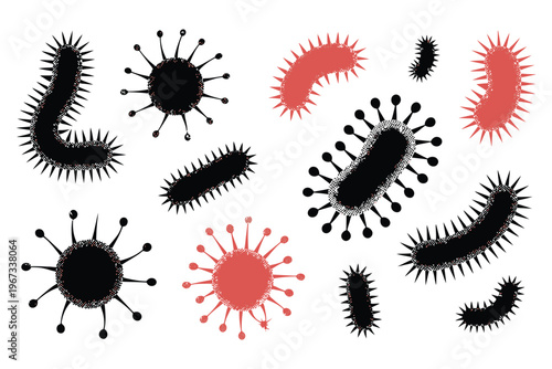 Set of black and red abstract virus bacteria microbes icons isolated on transparent background hand drawn textured microorganism collection