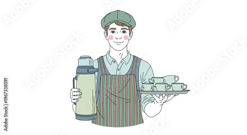 Man holding coffee thermos and cups.