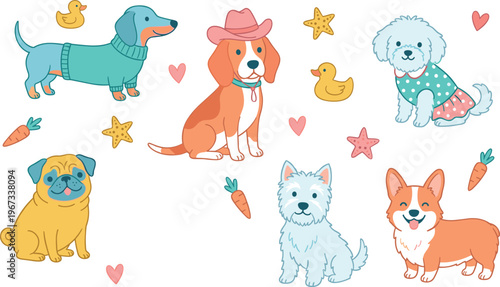 Cute Dog Characters Collection with Dachshund, Beagle, Poodle, Pug, Westie, Corgi, and Accessories for Pet, Animal, and Cartoon Designs