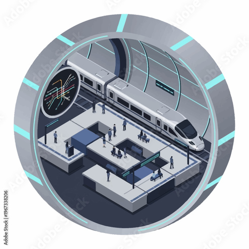 Isometric View of a Futuristic Underground Train Station.