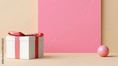 Gift Box and Pink Ball on Simple Background With Paper in a Creative Setting