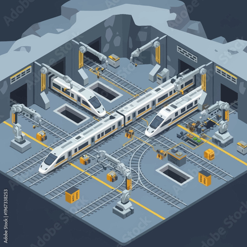 Isometric View of Modern Train Maintenance and Repair Facility.