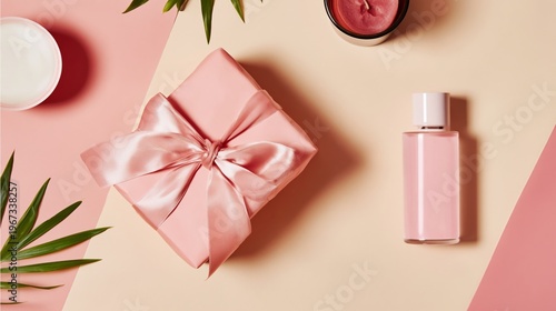 Gift Box and Pink Ball on Simple Background With Paper in a Creative Setting