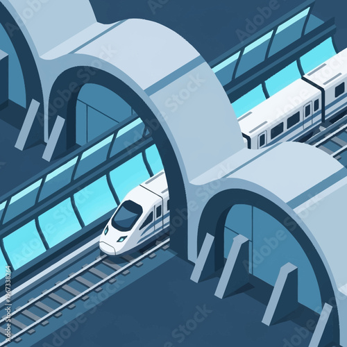 Isometric View of a Modern High-Speed Train Passing Under Arches.