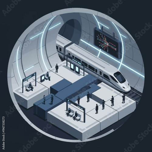 Isometric View of a Modern High-Speed Train Station.
