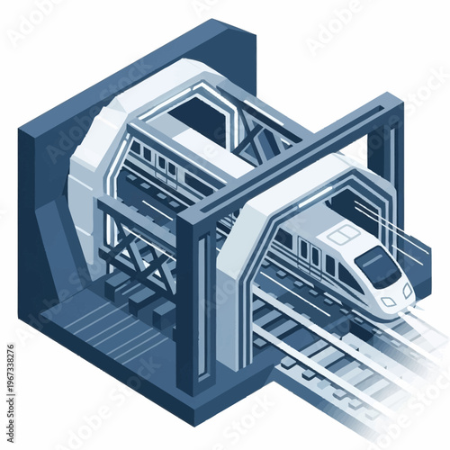 Isometric View of High-Speed Train Entering Tunnel.