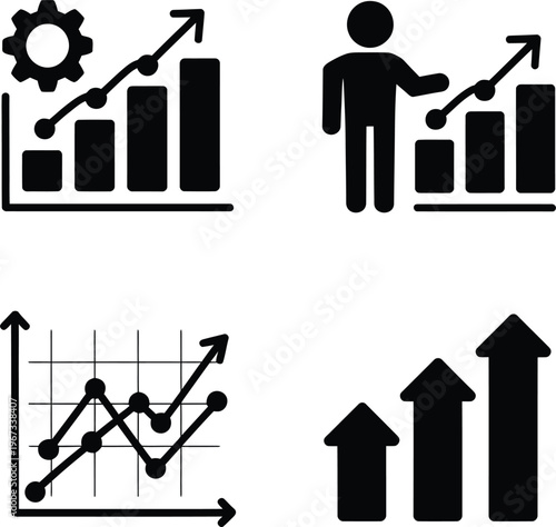 Black and white icons showing business growth and statistics  various graphs and arrows