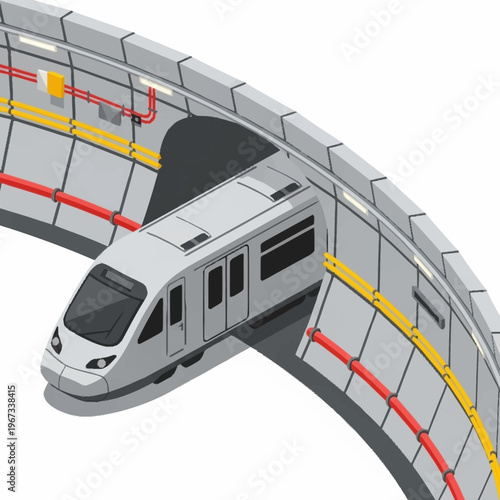 Isometric View of a Modern Subway Train Entering a Tunnel.