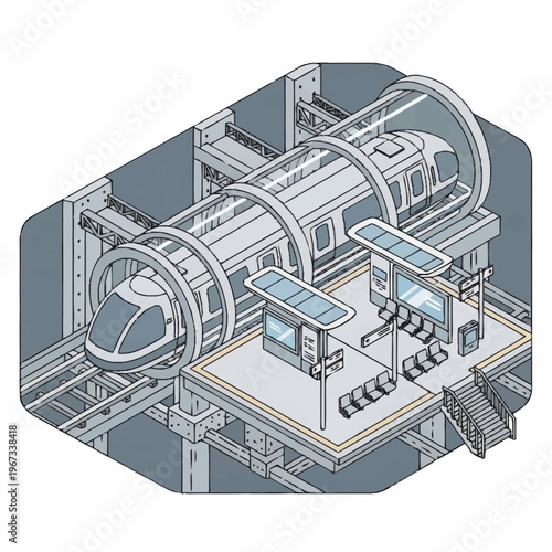 Futuristic Tube Train Station Concept Illustration with Transparent Tunnel.