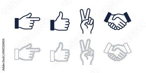 Various Editable stroke hand-shaped icon set. Hands, gesture icon.