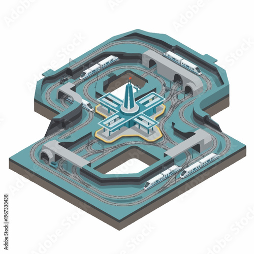 Isometric View of a Futuristic Train Station and Track System.
