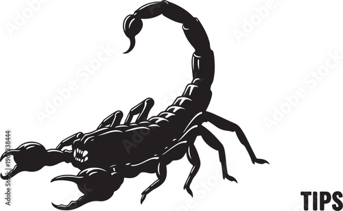 Black scorpion with curved tail and claws on white background