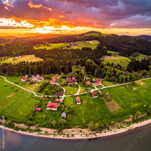 Aerial view of a serene countryside village at sunset (2)