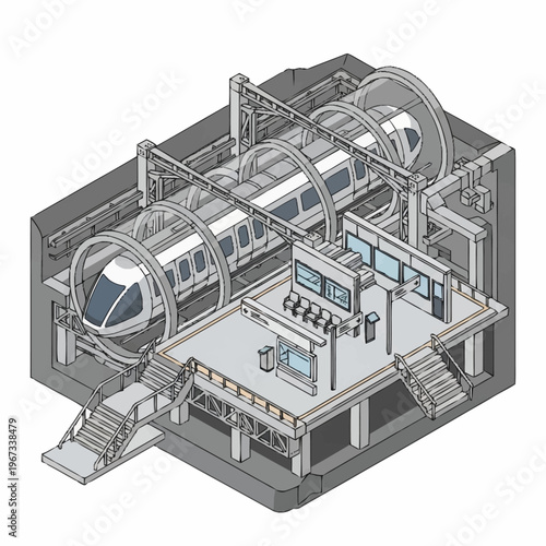 Isometric View of a Futuristic Train Station with Transparent Tunnel.