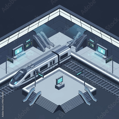 Isometric View of a Modern Train Station with High-Speed Train.