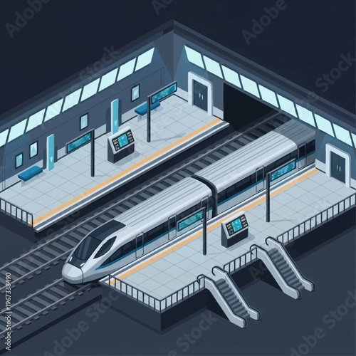 Isometric High-Speed Train at Modern Underground Station.