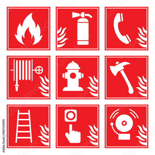 A vibrant collection of nine red square safety signs depicting fire related equipment a distinct silhouette high quality professional detailed modern elegant stylish