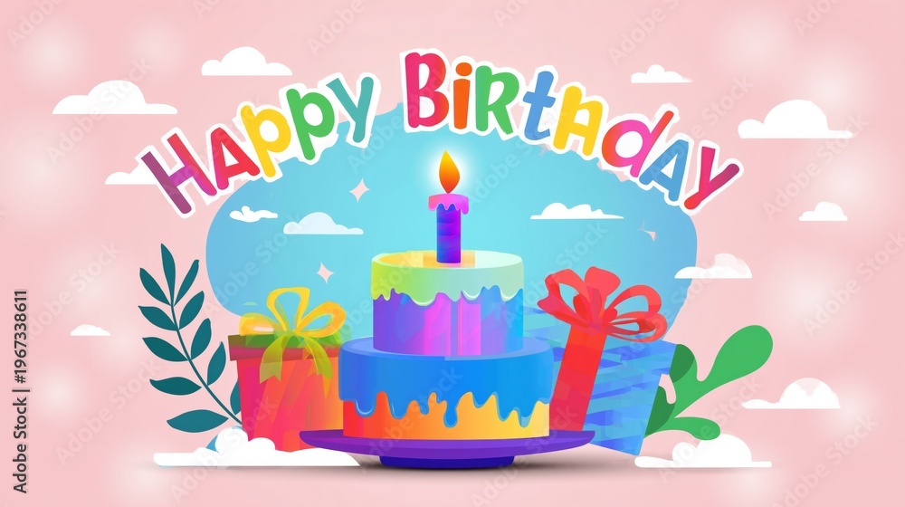 Naklejka premium Colorful Birthday Cake With Decorations and Gifts for Celebration