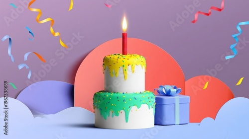 Celebration With a Colorful Cake, Candle, and Gift in a Festive Setting