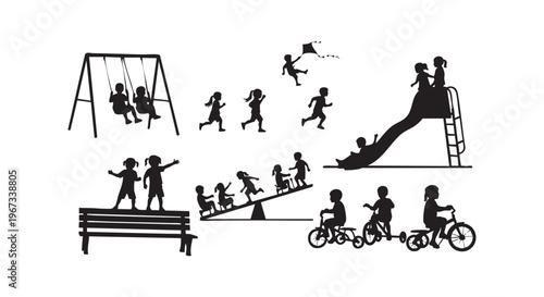 Children engaging in various recreational activities in a playground isolated on transparent background