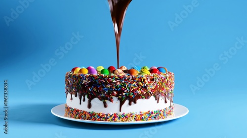 Chocolate Sauce Pours Over a Colorful Cake With Candy on Top in a Bright Setting