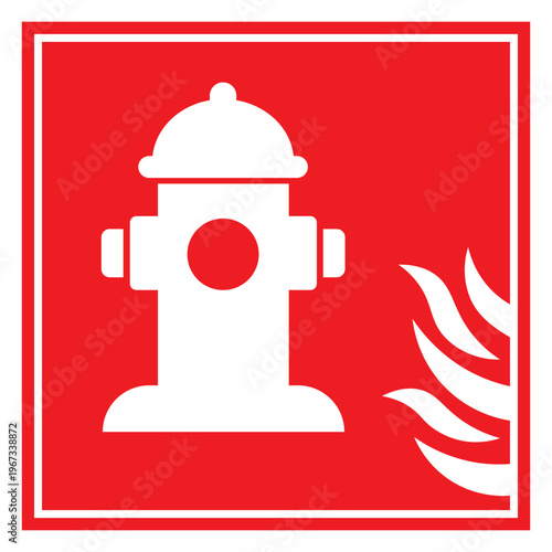 A bold red square prominently displays a white fire hydrant and flames creating a striking safety sign silhouette high quality professional detailed modern
