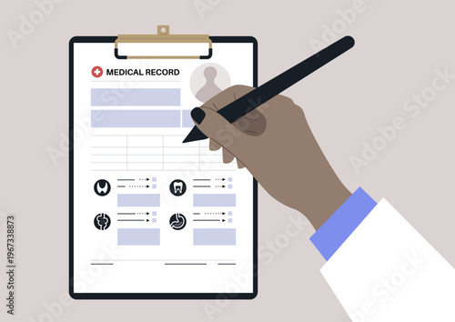 A hand, adorned with a black pen, carefully fills out a detailed medical chart, This moment captures the essence of organized healthcare as vital information is documented for patient care.