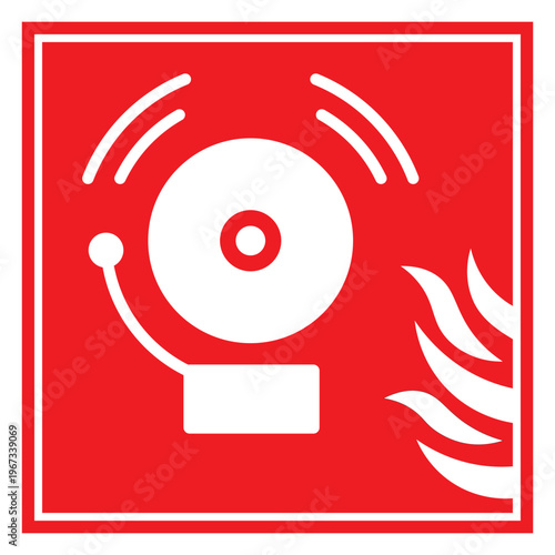 A striking red square showcases a white fire alarm bell with flames a bold and minimalist silhouette high quality professional detailed modern elegant