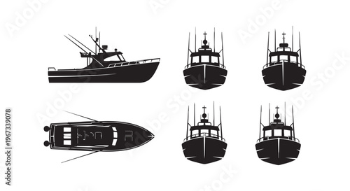 A set of six different boat silhouettes with various views and perspectives isolated on transparent background