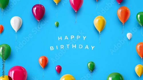 Colorful Balloons Fill Space With Text Saying Happy Birthday on Blue Backgrou...