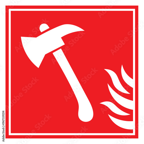 A stark white fire axe depicted against a vibrant red background alongside stylized flames creating a safety silhouette high quality professional detailed modern