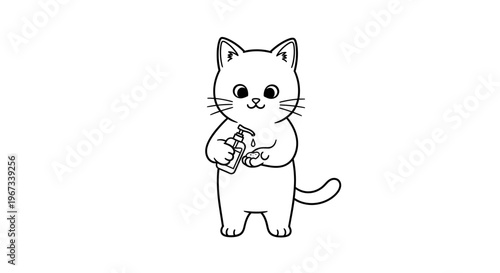 A cute cartoon cat holding a bottle of hand sanitizer and using it to prevent virus.