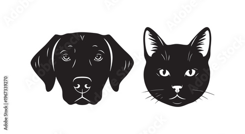 Black silhouette of a dog and a cat face side by side on white background isolated on transparent background