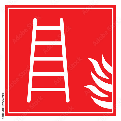 A stark red square displays a white ladder and flame illustrating emergency escape routes and safety precautions silhouette high quality professional detailed modern