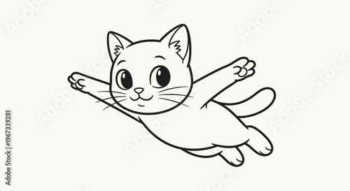 A cute, cartoon-style drawing of a white cat with big eyes, arms outstretched, and legs tucked in, appearing to be flying or leaping through the air with a happy expression.