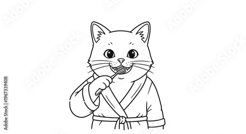 A charming black and white illustration of a cat wearing a robe and brushing its teeth with a toothbrush.