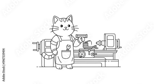 A charming cartoon cat wearing an apron and holding tools stands proudly in front of a metal lathe machine.