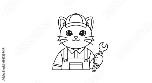 A charming black and white illustration of a cute cartoon cat dressed as a mechanic, holding a wrench, ready for work.