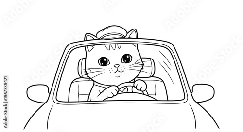 A cute cartoon cat wearing a hat is driving a car, depicted in a simple black and white line drawing.